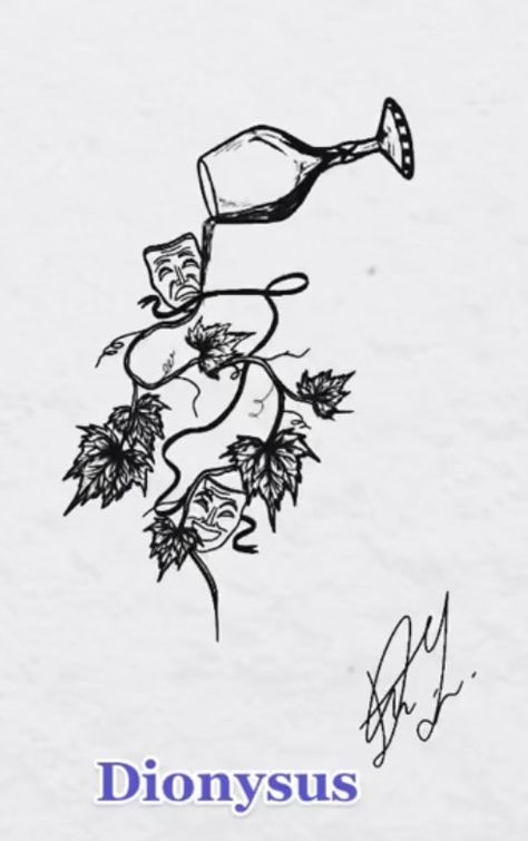 Greek Mythology Simple Art, Greek God Inspired Tattoo, Simple Greek Mythology Drawings, God Of Wine Tattoo, Dionysus Tattoo Design, Greek Mythology Paintings Easy, Dionysus Tattoo Greek Mythology, Greek Myth Tattoo Simple, Dionysus Drawing