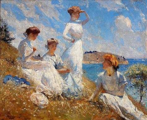 Frank W. Benson "Summer 1909" oil on canvas Frank Weston Benson, Women In White, American Impressionism, Arte Van Gogh, Three Women, Summer Painting, John Singer Sargent, Impressionist Paintings, Painting Reproductions