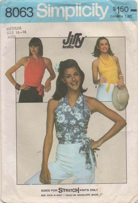 Simplicity 8063; ©1977; Misses' Jiffy Knit Tops (Sized for stretch knits only): Front-wrap halter top V. 1 with tucks has tie ends. Halter top V. 2 wrapped in back and tied in front ties at back neck forming a soft cowl neckline. FashionFallback [insert your photos of this pattern made up] [insert your username, and make sure your preferences allow for people to contact you via e-mail. Do not list your email address here!] Beach Disco, 70s Halter Top, 70s Halter, Wrap Halter Top, Halter Top Pattern, Tops Pattern, Summer Wraps, Gown Pattern, Paper Sewing Patterns