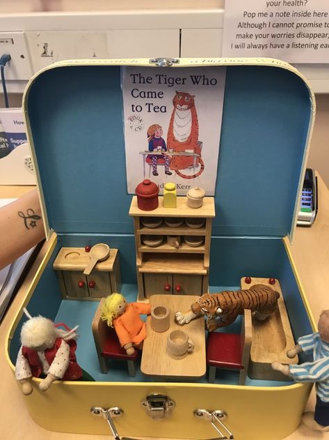 Eyfs Story Baskets, Suitcase Ideas Eyfs, Story Sack Ideas Eyfs, The Tiger Who Come To Tea Eyfs, The Tiger Who Came To Tea, Tiger Who Came To Tea Activities, Story Suitcase, Story Sack Ideas, Story Bags