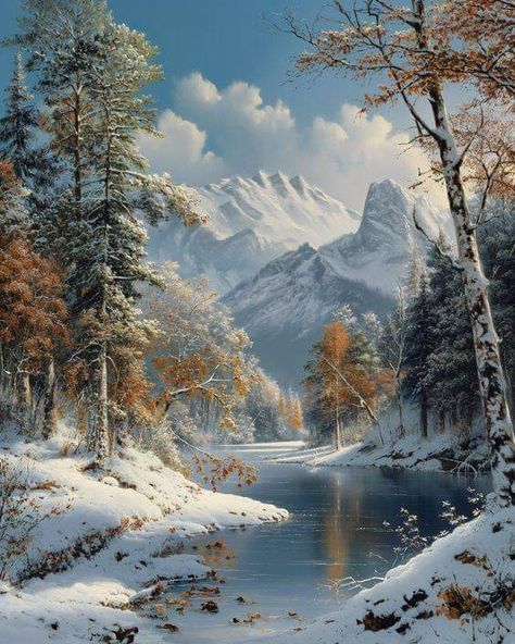 Photos Of Winter Scenes, Winter Sky Painting, Snowy Landscape Painting, Winter Scenes Photography, Winter Scenery Beautiful, Snow Forest Painting, Christmas Landscape Painting, Winter Tree Painting, Winter Landscape Art