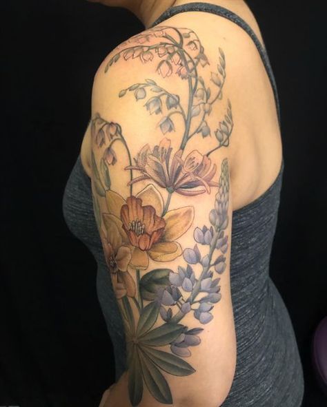 Ella Coose on Instagram: "Climbing floral composition for Adriana ❤️ some fresh some healed but all finished! . . . . . . . #flowertattoo #floraltattoo #flower #tattoo #tattoos #sleeve #botanicaltattoo #bayareatattoo#oakland #oaklandtattoo #botanicalillustration #lupinetattoo #lupine #wildflowertattoo #bouquettattoo #northerncalifornia #berkeley #berkeleytattoo #femaletattooartist" Lupine Tattoo, Left Arm Tattoos, Tattoos Sleeve, Bouquet Tattoo, Climbing Flowers, Wildflower Tattoo, Floral Composition, Female Tattoo Artists, Botanical Tattoo