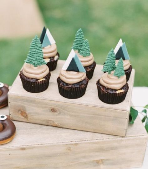 Mountain Themed Cupcakes, Mountain Theme Desserts, National Park Cupcakes, Mountain Cupcakes Ideas, Adventure First Birthday, Mountain Party, Mountain Cupcakes, Happy Camper Baby Shower Theme, Adventure Awaits Cupcakes