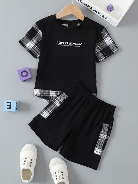 Black and White Casual  Short Sleeve  Letter,Plaid  Embellished Slight Stretch  Toddler Boys Clothing Newborn Baby Girl Outfits, Hipster Baby Boy, Baby Girl Clothes Newborn, African Dresses For Kids