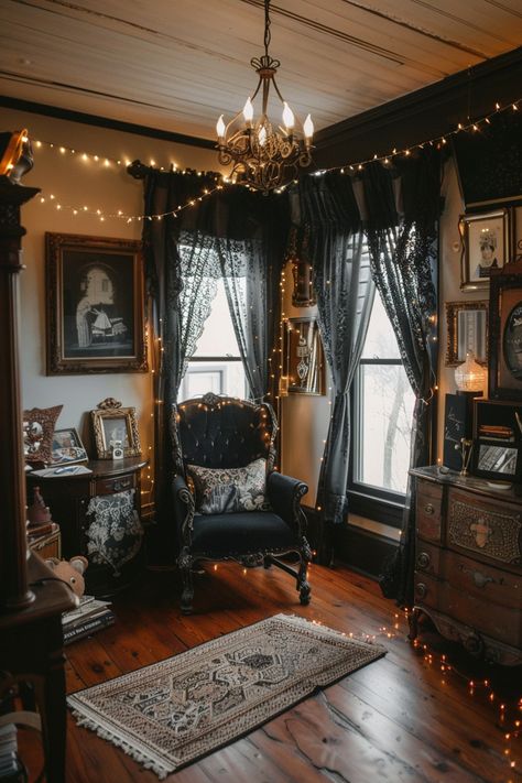 Whimsical Home Decor Ideas to Spark Your Imagination - Quiet Minimal Dark Cottagecore Apartment Decor, 90s Whimsigoth Living Room, Gothic Dream House, Dark Comfy Living Room, Woodsy Gothic Decor, Gothic Whimsical Decor, Midcentury Modern Goth, Dark Whimsical Decor, Whimsical Gothic Decor Bathroom