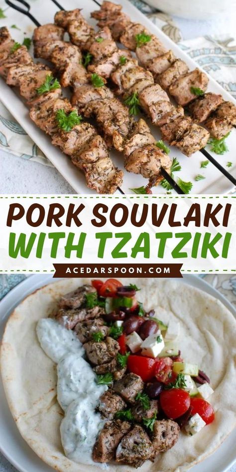 A pork souvlaki recipe! This dinner idea for tonight features a Mediterranean marinade. Made with grilled pork tenderloin and tzatziki sauce on pita bread, this Greek souvlaki is delicious! Save this pin! Pork Souvlaki Pita, Mediterranean Pork Loin, Mediterranean Diet Recipes Pork Tenderloin, Greek Style Pork Chops, Pork Souvlaki Oven, Mediterranean Diet Pork Tenderloin, Greek Pork Tenderloin Recipes, Greek Pork Loin Recipes, Mediterranean Pork Tenderloin Recipes