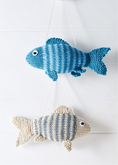 Stripy fish hanging decorations Knitted Fish Pattern Free, Bass Fish Crochet Pattern, Fish Knitting Patterns Free, Knit Fish Pattern, Knitting Fish, Fish Knitting Pattern, Knit Fish, Knitted Fish, Cuddle Fish Crochet