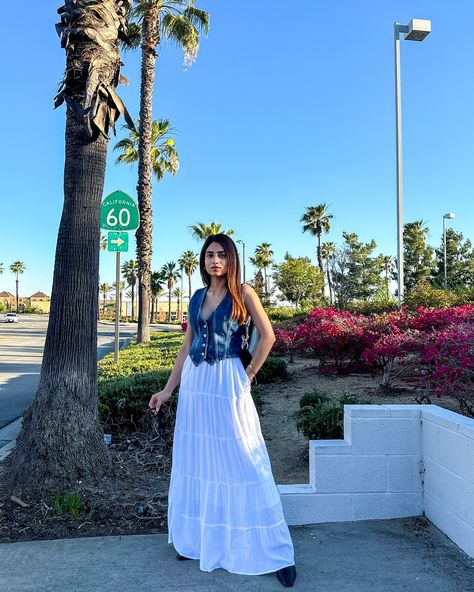 White maxi skirt & denim vest 🤍 Wearing my favourite denim vest from @freepeople Comment “LINK” and I’ll DM you 🫶🏻 Denim vest- @freepeople Maxi skirt- @hollister Bag- @jwpei_official Boots- @hm #summeroutfit #maxiskirt #denimvest #outfitoftheday #summerfashion Maxi Skirt Denim, White Maxi Skirt, White Maxi Skirts, Instagram White, Skirt Denim, Maxi Skirt Dress, White Maxi, Denim Vest, My Favourite