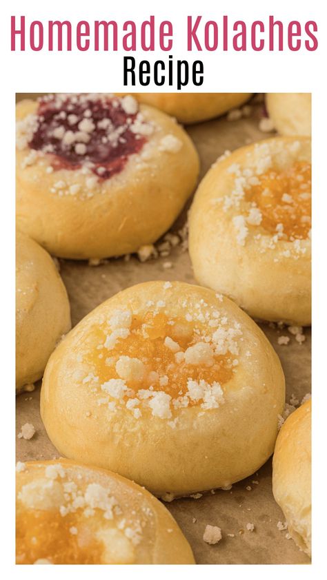 This homemade Kolache recipe is a perfect breakfast or brunch treat! Made with a homemade yeast dough, and a variety of fillings to choose from! I made these Czech kolache pastries with a sweet filling made from cream cheese, and two fruit fillings from raspberry and apricot jam! Peach Kolache Recipe, Kolache Filling Recipes, Kolache Recipe Easy, Kolache Recipe Polish, Kolache Nut Roll Recipe, Kolaches Recipe Easy, Kolache Dough Recipe, Apricot Kolache Recipe, Kolache Recipes