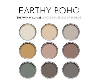 Earthy Boho Sherwin Williams Paint Palette, Neutral Interior Paint Col Interior Paint Colors Schemes Sherwin Williams, Earthy Boho Colour Palette, Paint Colors That Go With Plants, Bedroom Wall And Trim Colors, Boho Paint Color Palette, Western Farmhouse Color Palette, Cozy Sherwin Williams Paint Colors, Boho Neutral Kitchen, Organic Modern Color Palette Sherwin Williams