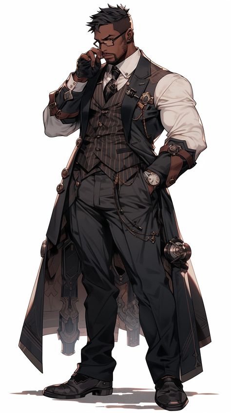 Character Design Winter Clothes, Cyberpunk Pirate Character Design, Male Mechanic Character Design, Bulky Character Design Male, Black Artificer, Male Spy Character Design, Fantasy Surgeon, Anime Inventor, Dnd Alchemist Character Art