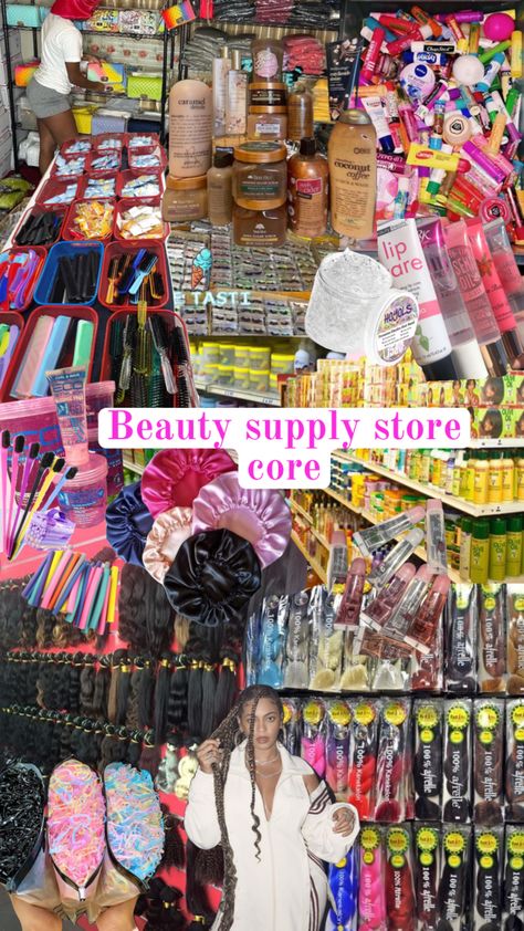 Beauty supply store – core😍 I can smell this collage🥹 #beauty #beautysupplystore #store #cornershop #blackgirl #blackgirlaesthetic #lipgloss #haircare #skincare #products #bonnet #lashes #braids Hair Supply Store, Tech Tattoo, Beauty Room Salon, Pretty School Supplies, Curly Hair Care Routine, Retail Store Interior Design, Cute Hair Colors, Coconut Coffee, Salon Suites