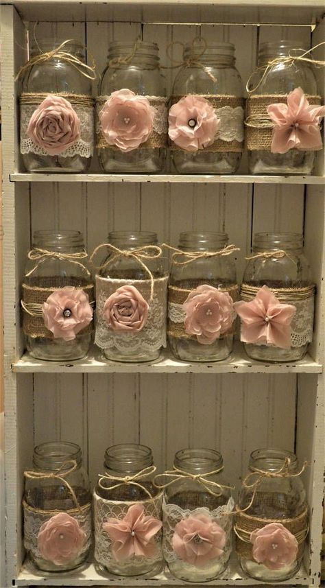 فن النسيج, Jar Decoration, Burlap Mason Jars, Rustic Wedding Decorations, Wedding Shower Decorations, Girl Baby Shower Decorations, Shower Centerpieces, Baby Shower Party Favors, Decorations Wedding