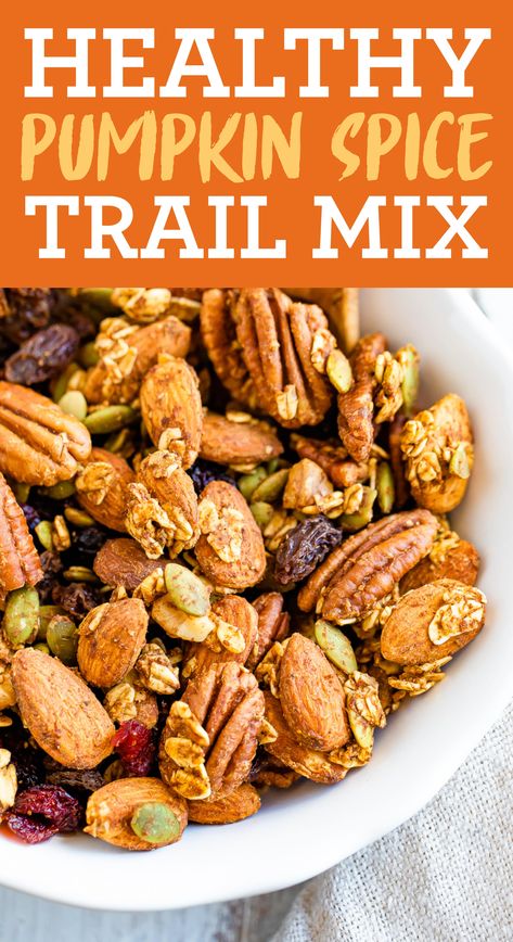 This pumpkin spice trail mix is loaded with a variety of nuts, dried fruit and a pumpkin spice flavor. Snack by the handful or use as a topping for yogurt. #trailmix #nuts #pumpkinspice #fallrecipe #pumpkin #eatingbirdfood #healthysnack Fall Trail Mix Ideas Healthy, Healthy Trail Mix Recipes Clean Eating, Trailmix Fall, Fall Trail Mix Recipe, Fall Snack Mix Recipes, Healthy Trail Mix Recipes, Office Treats, Fall Snack Mixes, Treat Maker