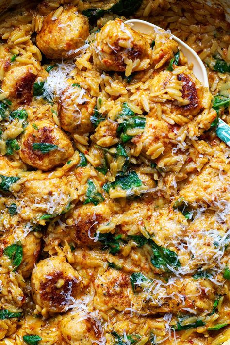 Marry Me Chicken Meatballs With Orzo Chicken Meatball Orzo, Pesto Chicken Meatballs, Orzo And Meatballs, Dinner For Large Group, Chicken Meatballs With Orzo, Meatballs And Orzo, Meatballs Orzo, Easy Marry Me Chicken, Creamy Orzo Pasta