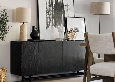 Sideboards & Storage | Urban Barn Dining Room Black Buffet, Black Buffet Dining Room, Black Sideboard In Dining Room, Black Buffet Sideboard, Modern Black Sideboard, Sideboard Decor Dining Room, Black Sideboard Buffet, Dining Room Buffet Decor, Dark Wood Sideboard