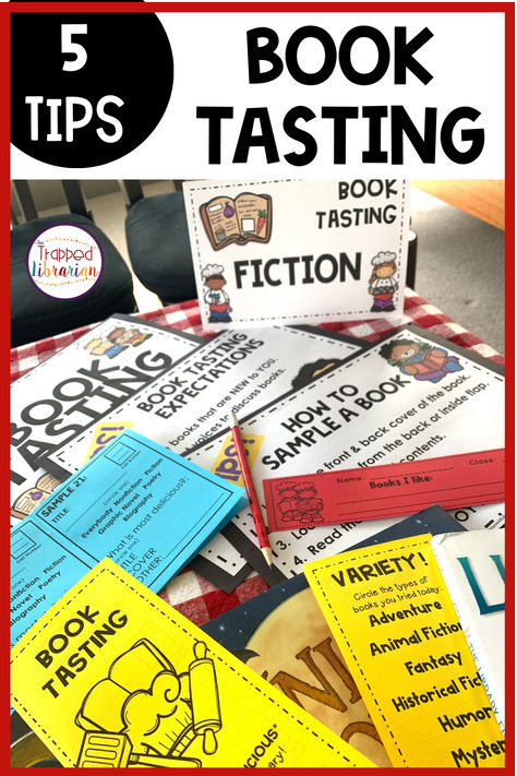 Engage your readers with a fun Book Tasting Event in your elementary library or classroom! From dressing up like a chef to creating editable book tasting menus, you will love these 5 tips from the Trapped Librarian. Click through to the blog and start planning your Book Tasting Event today! Library Lessons Elementary, Book Tasting, Sample Library, Elementary Books, Library Work, Elementary School Library, Library Organization, Library Events, Library Skills