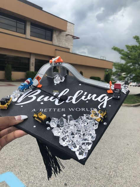 Civil Engineer Graduation Cap, Construction Management Graduation Party, Architecture Cap Graduation, Cap Decoration Graduation Engineering, Graduation Cap Designs Engineer, Mechanical Engineer Graduation Cap, Civil Engineer Graduation Pictures, Civil Engineering Cap Graduation, College Graduation Pictures Engineering