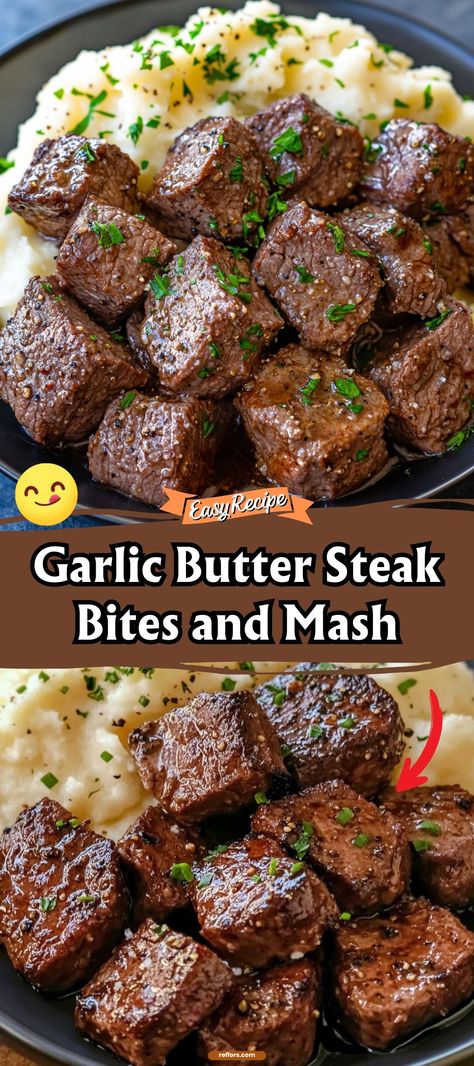 Savor the irresistible combination of Garlic Butter Steak Bites served with creamy mashed potatoes. This comforting dish packs a flavorful punch with every tender bite, perfect for a hearty meal. #SteakBites #GarlicButter #ComfortFood Garlic Butter Steak Bites And Mash, Cajun Garlic Butter Steak Bites, Steak Bits And Potatoes, Garlic Butter Steak Bites And Potatoes, Steak Bites With Garlic Butter Crockpot, Garlic Butter Steak Bites Crockpot, Crockpot Steak Recipes, Steak And Mashed Potatoes, Beef Cubed Steak