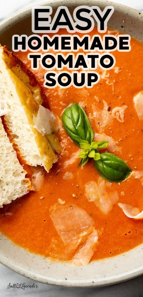 closeup of a bowl of soup with bread and text overlay that reads easy homemade tomato soup Tomato Soup With Tortellini Easy, Tomatoe Soup Canning Recipes, East Tomato Soup Recipe, Homemade Tomato Soup Recipe Video, Pantry Tomato Soup, Tomato Sauce Soup Recipe, Tomato Soup From Diced Tomatoes, Tomato Soup Recipe Canned Tomatoes, Recipes For Tomato Soup