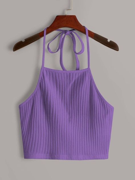 Top Violeta, Purple Crop Top, Womens Halter Tops, Women Tank Tops, Crop Top Outfits, Halter Tops, Knit Sleeve, Summer Tank Tops, Knitting Girls