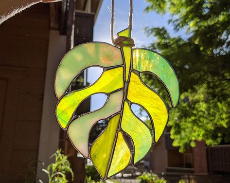 Stained Glass Leaf, Mini Monstera, Hanging Stained Glass, L'art Du Vitrail, Heavy Rainfall, Plant Window, Stained Glass Decor, Stained Glass Window Hanging, Stained Glass Suncatchers