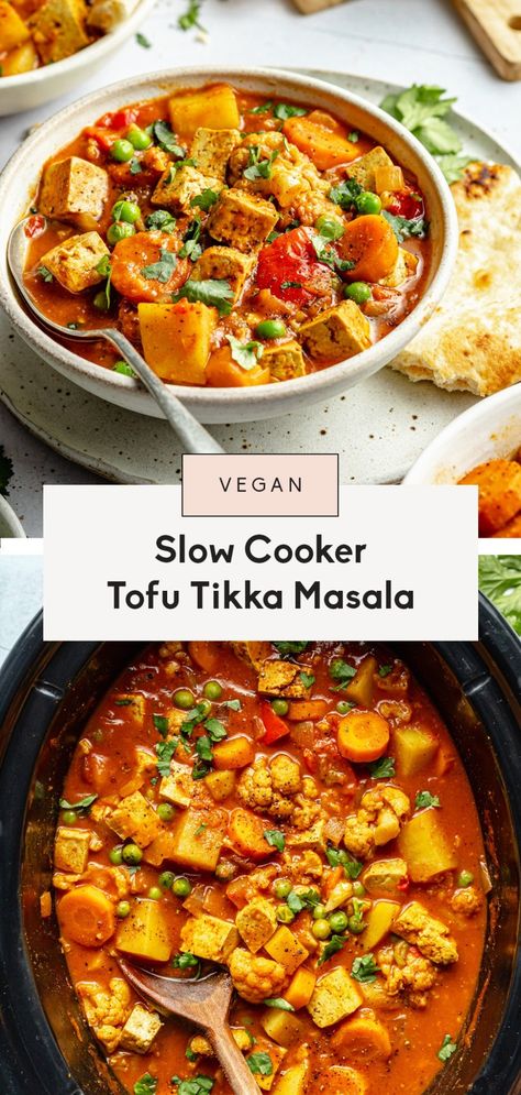 This unbelievably nourishing vegan tikka masala recipe is packed with veggies and plenty of protein from tofu! It's a great recipe for crowds or to make for meal prep and is delicious with a side of naan bread for dipping. Use your slow cooker for an easy meal with little cleanup! Tofu Tikka Masala, Tofu Tikka, Bread For Dipping, Vegan Tikka Masala, Vegan Slow Cooker Recipes, Vegetarian Slow Cooker Recipes, Vegan Crockpot Recipes, Vegan Crockpot, Tofu Curry