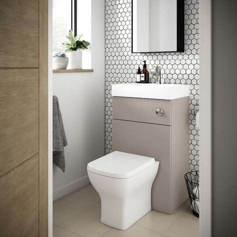 15+ Modern Toilet Sink Combo For Small Bathroom Space Cloakroom Suites, Grey Toilet, Small Downstairs Toilet, Small Toilet Room, Downstairs Loo, Black Tile, Toilet Sink, Downstairs Toilet, Concealed Cistern