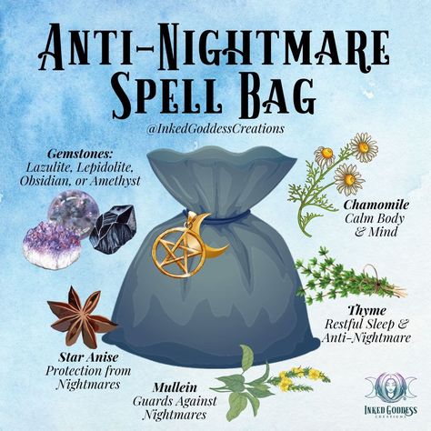 Add these ingredients to a spell bag and keep near your bed or under your pillow to ward off nightmares! #dreammagick #spellbag #antinightmare #witchspell Things To Put Under Your Pillow, Nightmare Spell Witchcraft, Witchy House Keeping, Ward Off Bad Dreams, Under Pillow Spells, Herbs For Nightmares, Sleep Spell For Others, Nightmare Protection Spell, Spell Jar For Nightmares