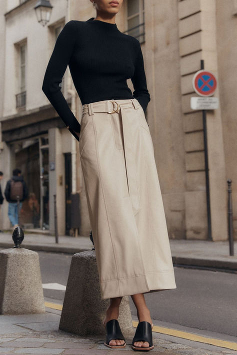 Shop our Quiet Luxe looks now on MarissaCollections.com #quietlux #fashion #womensfashion Midi Leather Skirt Outfit, Beige Skirt Outfit, White Dress Spring, Midi Skirts Style, Beige Skirt, Beige Outfit, Leather Midi Skirt, Knit Jumpsuit, Denim Button Down