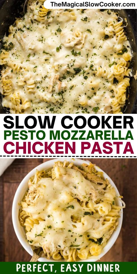 Chicken breasts made in the slow cooker with pesto and butter then made into a cheesy pasta casserole with mozzarella cheese and parmesan. The Magical Slow Cooker #crockpot #slowcooker #crockpotrecipes #slowcookerrecipes Chicken Pesto Recipe, Slow Cooker Chicken And Pasta, Family Crockpot Meals, Pesto Mozzarella Chicken Pasta, Mozzarella Chicken Pasta, Chicken Breast Crockpot, Crockpot Chicken Breast Recipes, Slow Cooker Chicken Breast, Chicken With Pesto