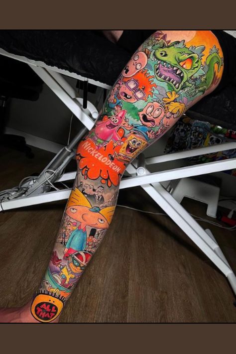 Tattoo For Leg, Octopus Tattoo Sleeve, Disney Sleeve Tattoos, Best Leg Tattoos, Colorful Tattoos, Full Leg Tattoos, Leg Art, Comic Tattoo, Movie Tattoos