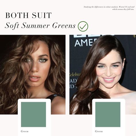 Soft Summer colour analysis comparison 🖤 . #coloranalysis #colouranalysis #coloranalyst #colorseason #colorseasons #softsummer #summerpalette #softsummercolors Soft Summer Brunette, Summer Colour Analysis, Soft Summer Green, Soft Summer Celebrities, Soft Summer Deep, Season Palette, Winter Skin Tone, Color Analysis Summer, Cool Summer Palette