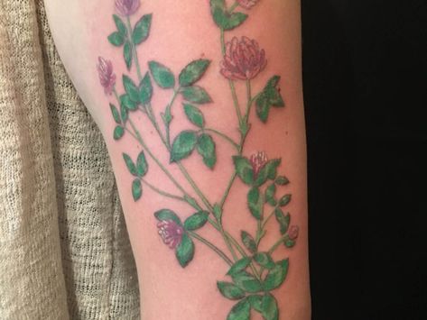 Gemstone Tattoo | CUSTOM Red Clover Tattoo, Gemstone Tattoo, Iris Goddess, Herb Bouquet, Clover Tattoo, Trout Lily, Scar Cover Up, Clover Tattoos, Bouquet Tattoo