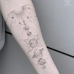 Fine Line Universe Tattoo, Fineline Space Tattoo, Planet Fine Line Tattoo, Space Theme Tattoo Ideas, Geometric Style Tattoo, Astrophysics Tattoo, Joey Tattoo, New Tattoo Styles, Cosmic Tattoo