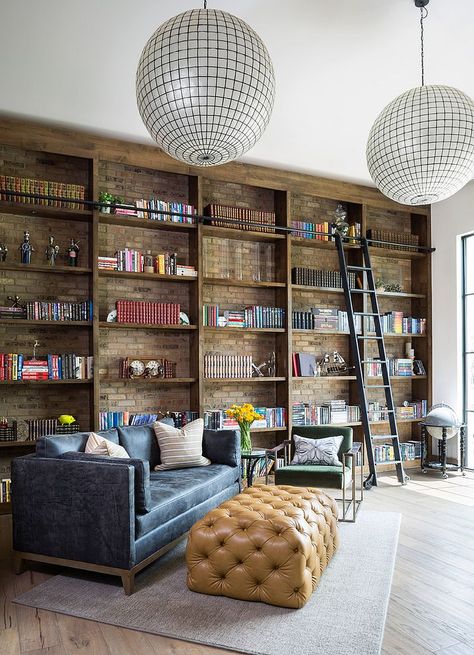 Brick wall in the backdrop adds beauty to the open shelves in wood inside the home office - Decoist Home Office Library, Office Shelving, Meditation Rooms, Shelving Ideas, Room Tiles, Home Libraries, Modern Home Office, Design Your Home, Work Space Organization