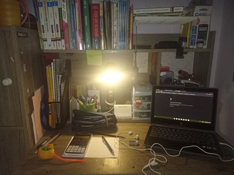 Clutter Desk Aesthetic, Desk Setup Student, Cluttered Desk Aesthetic, Budget Desk Setup, Person At Desk, Messy Desk Aesthetic, Student Desk Setup, Study Room Aesthetic, Study Aesthetic Dark