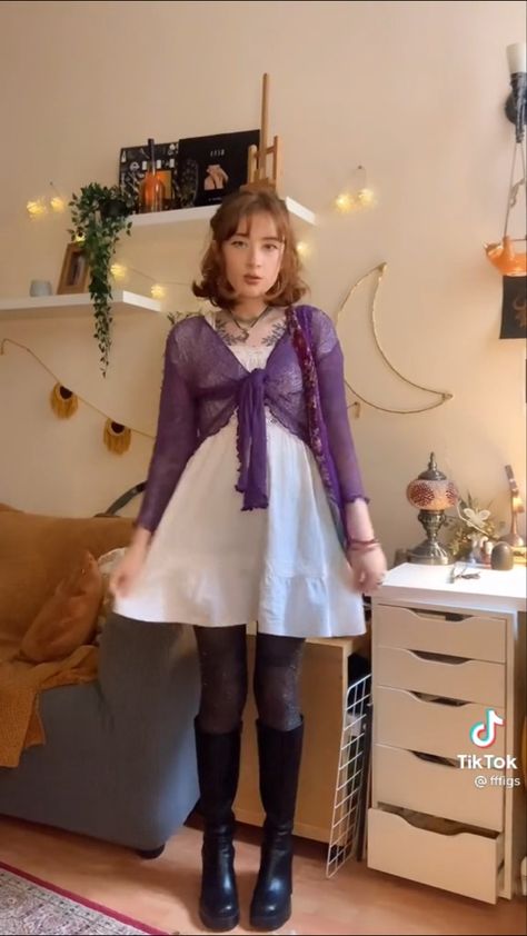 Amity Blight Inspired Outfits, Purple Fairycore Outfit, Fairycore Lookbook, Amity Blight Outfit, Witchy Aesthetic Outfit, Pisces Rising, Fairycore Outfit, Dress Reference, Bohemian Outfits