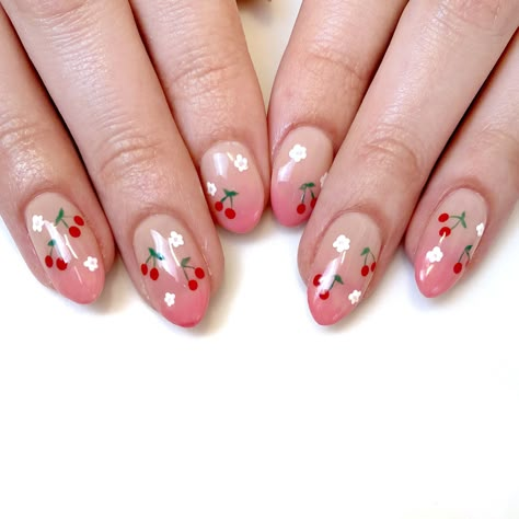 Cherry And Flower Nails, Ditsy Floral Nails, Nail Art Cherry Blossom, Summer Cherry Nails, Cherries Nails, Nails Cherry Blossom, Pink Cherry Nails, Cherry Nails Designs, Nail Art Cherry