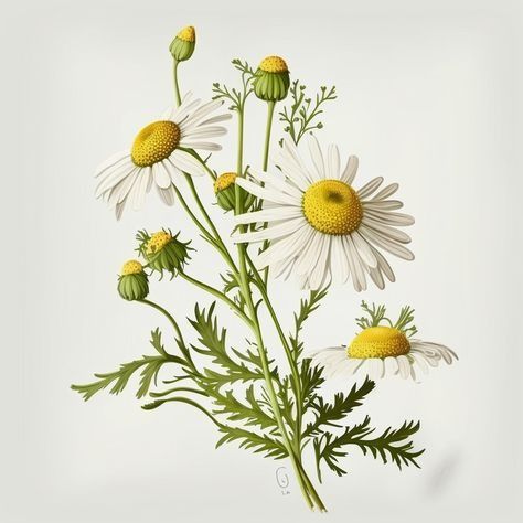 Chamomile Vintage Illustration, Chamomile Flower Illustration, Chamomile Botanical Illustration, Chamolie Flowers, Chamomile Plant Drawing, Chamomile Flowers Drawing, Daisy Botanical Illustration, Chamomile Drawing, Chamomile Tattoo