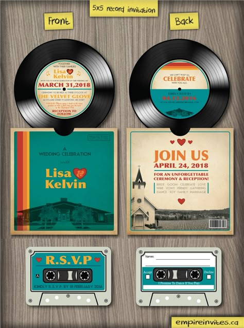 LOVE These 5″ Retro Music Themed Wedding Invitations by https://www.empireinvites.ca Music Themed Wedding Invitations, Music Wedding Invitations, Record Wedding, Retro Wedding Invitations, Passport Wedding Invitations, Music Themed Wedding, Themed Wedding Invitations, Wedding Party Invites, Invitation Kits