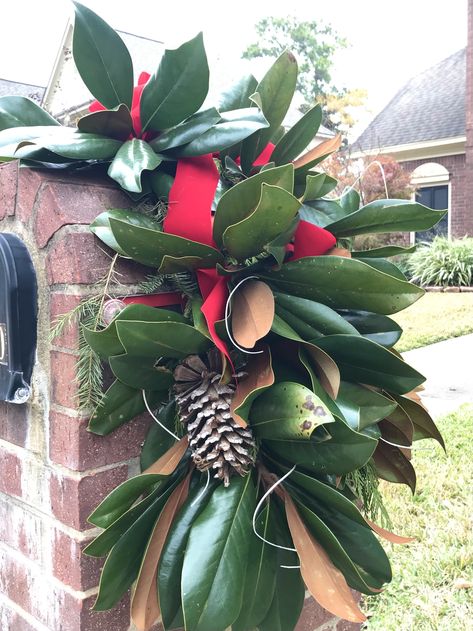 Xmas Mailbox Decorations, Christmas Decorated Mailboxes, Wreath For Mailbox, Mailbox Swags Christmas, How To Decorate A Brick Mailbox For Christmas, Christmas Mailbox Wreath, Christmas Brick Mailbox Ideas, Christmas Mailbox Wreath Swag, Brick Mailbox Swag Christmas