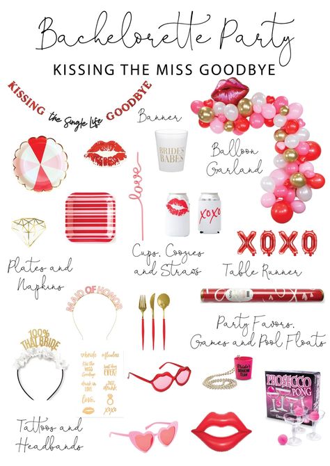 Bachelorette Party Ideas Low Key, Kiss The Miss Goodbye Bachelorette Theme, Valentines Themed Bachelorette, Valentine’s Day Bachelorette Party, Kiss The Miss Goodbye Bachelorette Decor, Lingerie Shower Themes, Hens Themes, Bach Party Ideas, Kiss The Miss Goodbye Bachelorette