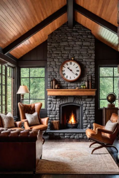 Sunlit rustic living room with stone fireplace leather furniture and knitted throws Mountain Home Living Room Ideas, Cedar Walls Interior Living Room, Rustic Cabin Fireplace, Mountain Cabin Living Room, Mountain Home Living Room, Rustic Living Room Designs, Lodge Interior Design, Living Room With Stone Fireplace, Minimalist Bedroom Style