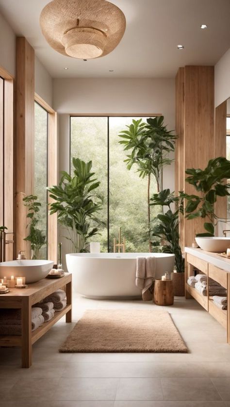 5 Hottest Bathroom Trends For 2024 and 50 Ideas - DigsDigs Master Bath Ideas Boho, Modern Bathroom Plants, Bathrooms With Large Windows, Neutral Spa Bathroom, Bathroom Trends 2025, Tree In Bathroom, 2025 Bathroom Trends, Bathroom Trends For 2024, Bathroom Extension