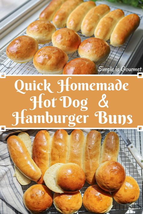 Quick Homemade Hot Dog and Hamburger Buns - Simple is Gourmet Homemade Hamburger Buns Small Batch, Egg Free Hamburger Buns, Homemade Hot Dog Buns Easy, Gourmet Thanksgiving, Homemade Hot Dog Buns, Hot Dog Buns Recipe, Homemade Hot Dogs, Breads Recipes, Homemade Hamburger Buns