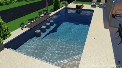 Rectangle pool with built in bar, in-pool bar stools, and a diving rock. Pool And Patio, Pool Design Ideas, Rectangle Pool, Balkon Design, Rectangular Pool, Piscina Natural, Backyard Pool Landscaping, Small Pools, Knee Replacement