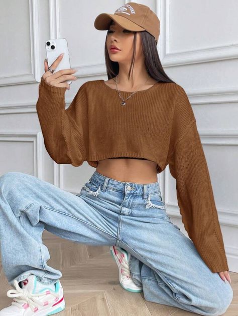 Black Cropped Sweater Outfit, Cropped Sweater Outfit, Black Cropped Sweater, Oversized Cropped Sweater, Pullovers Outfit, Crop Pullover, Dropped Shoulder Sweatshirt, Cropped Pullover, Crop Top Casual