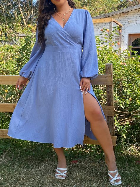 Shades Of Blue Outfit, Light Blue Clothes, Blue Plus Size Dresses, Clothes For Plus Size, Split Thigh Dress, Blue Clothes, Recruitment Outfits, Bachelorette Outfits, Sorority Recruitment