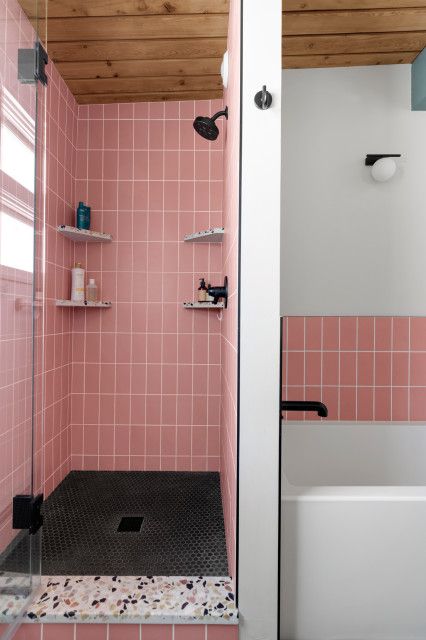 Pink Tile Shower, Speckled Tile, 3x6 White Subway Tile, Blue Tile Floor, Midcentury Modern Bathroom, Mid Century Tile, Mid Century Remodel, Built In Vanity, Pink Tile